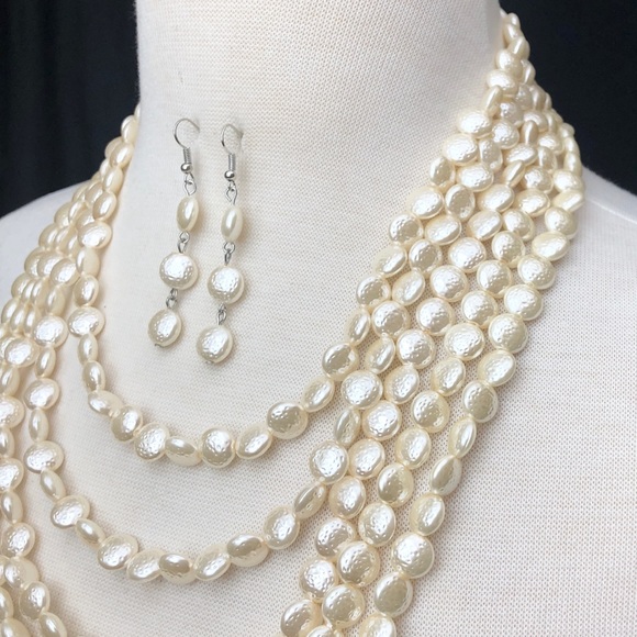 Layered Coin Pearl Long Necklace Earrings Set - Picture 2 of 2